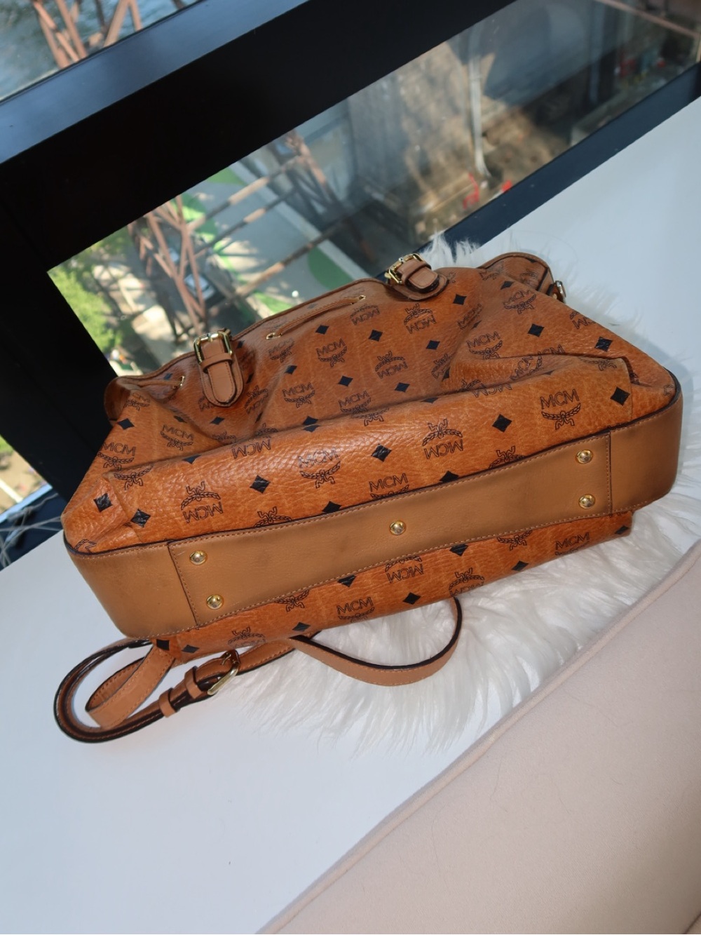 MCM Cognac Visetos Monogram Satchel with Gold Hardware w/ Crossbody Strap - Picture 4 of 4